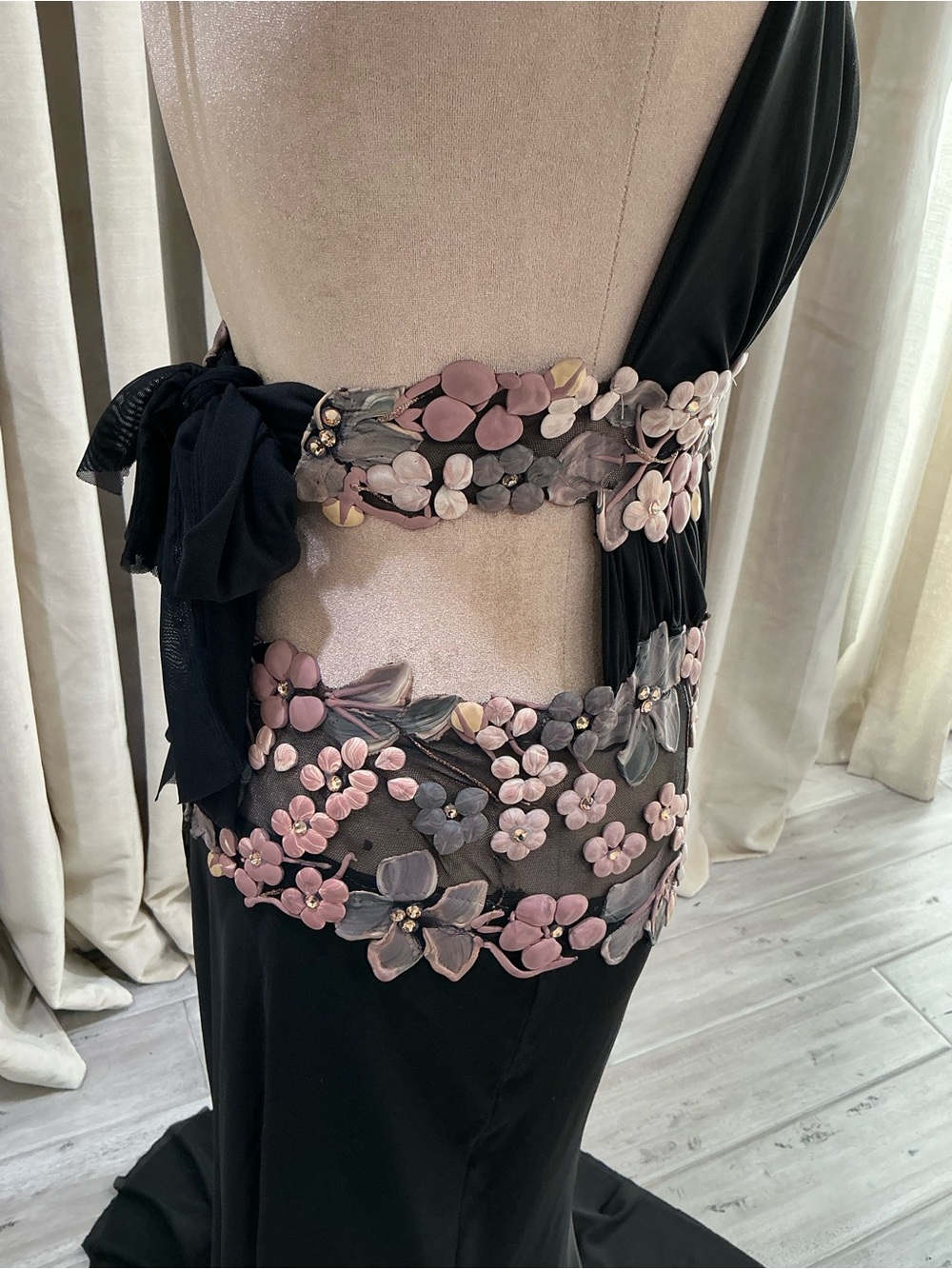 Black Halter Evening Gown with Pink Floral Embroidery - Picture 7 of 15